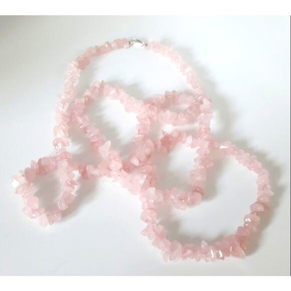 Sterling Silver Clasp Rose Quartz Pink Semi Precious Gemstone Chips 35" Necklace - Picture 5 of 6